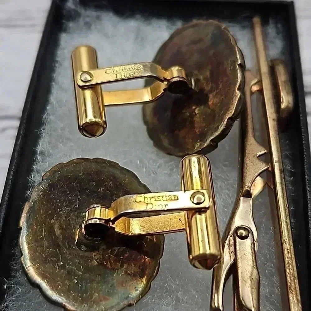Christian Dior Vintage Gold Tone and Sodalite Cufflinks and tie bar set